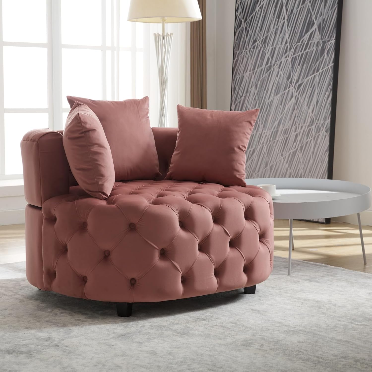 Round Accent Chair, 40” Modern Velvet Sofa Chair with 3 Pillows, Comfy Upholstered Tufted Club Lounge Chair for Living Room Bedroom, Pink