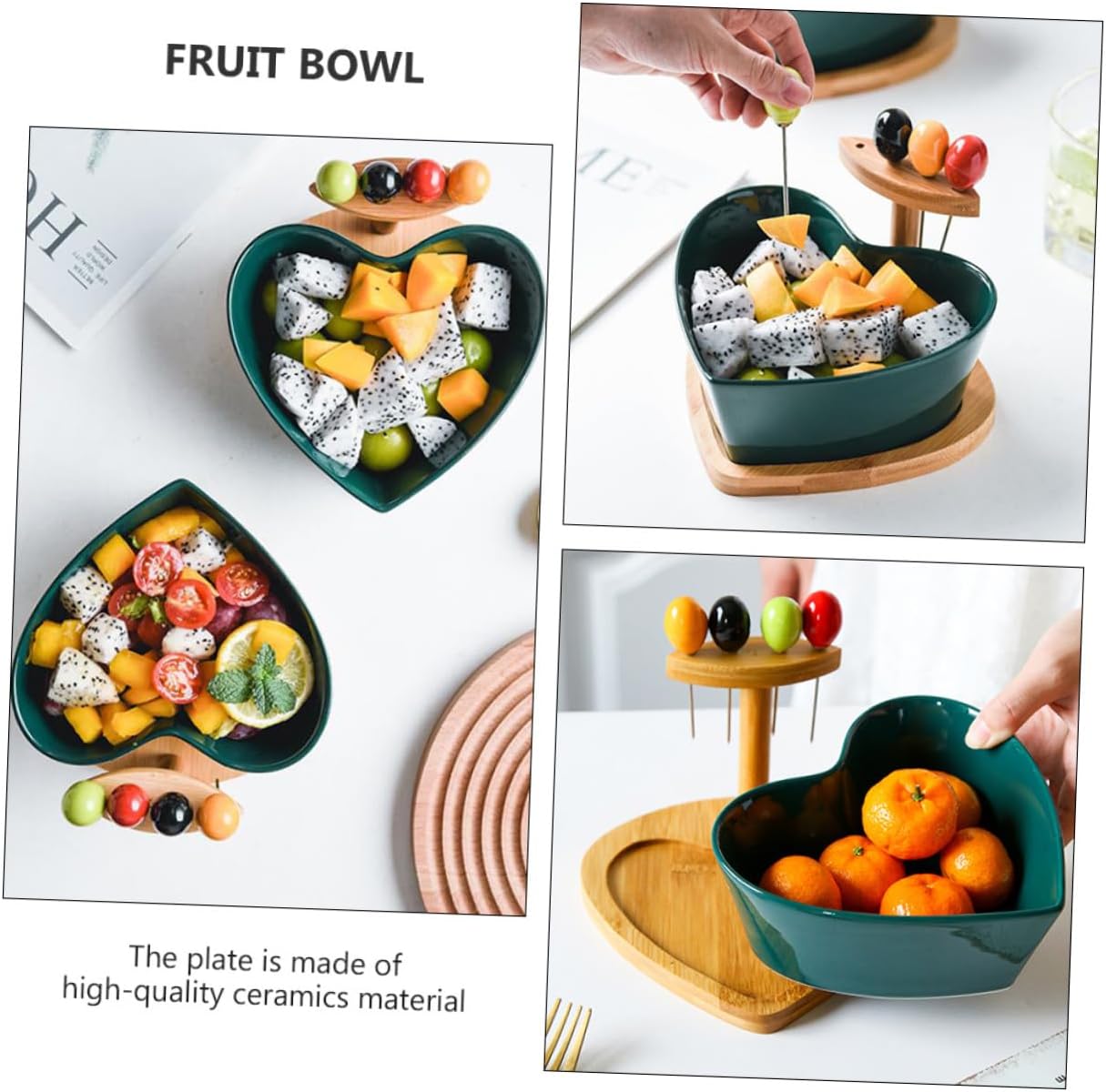 Heart Shaped Ceramic Fruit Bowl with Forks, 1pcs Green Salad Bowl for Household Tableware and Kitchen Counter Serving