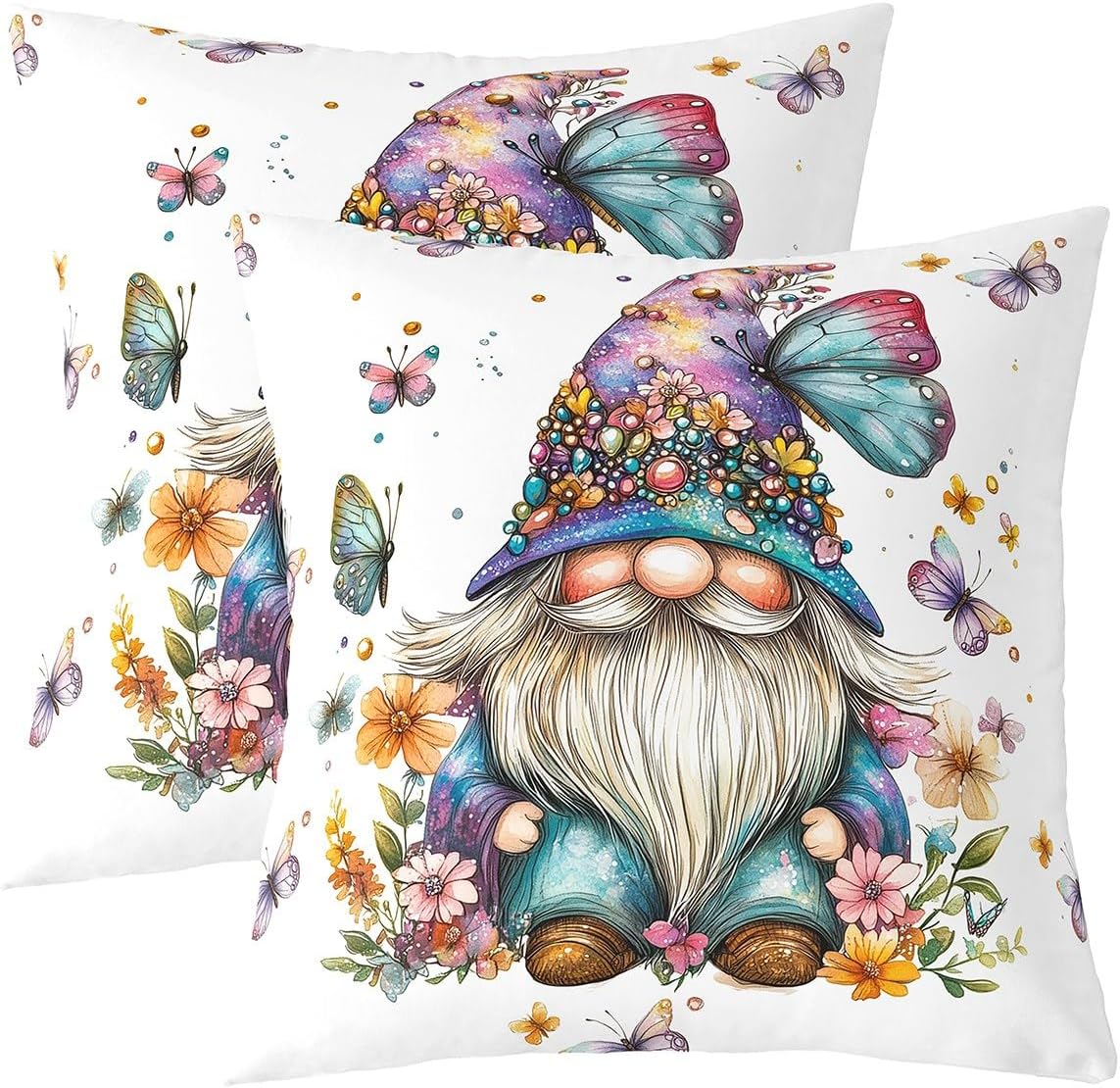 Erosebridal Set of 2 Gnome Throw Pillow Covers 24x24 Inch Floral Dwarf Cushion Covers for Boys Girls Dairy Butterfly Botanical Teal Blue Purple Cushion Cases Reversible Decorative Pillowcases