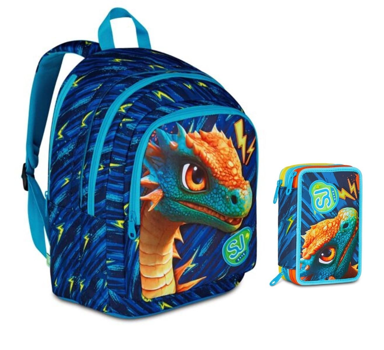 Zaino Scuola Sj Boy Dragon Glide Drago alato estensibile By Seven per elementare Bambino + Astuccio 3 piani + 7 penne a scatto e portachiave pailettes