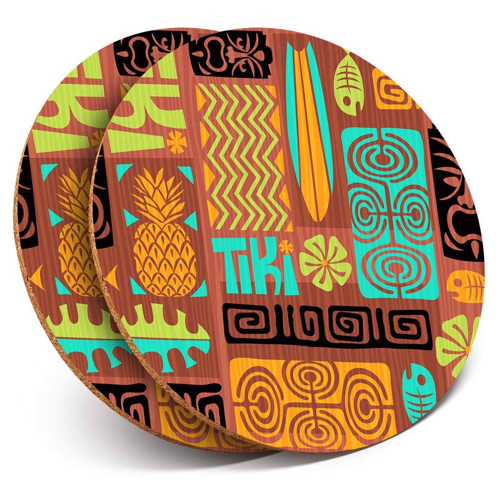 Destination Vinyl Ltd Multicolor 2 X Mdf Glossy Top Coasters Round - Tiki Hawaii Surfboard Surfer 12891