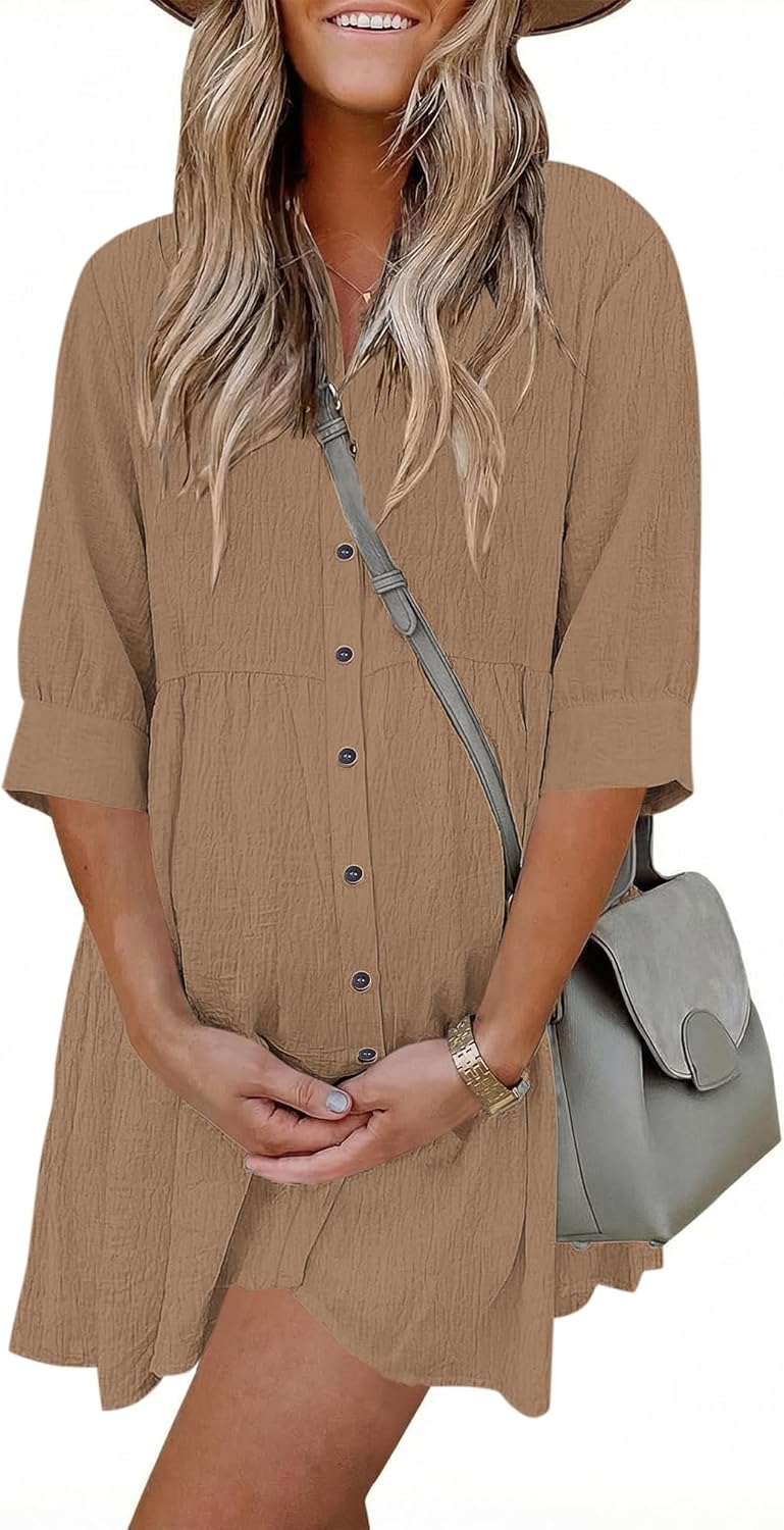 AUSELILY Summer Babydoll Dresses 3/4 Sleeve Button Down Casual A-Line Mini Cute Sundress Loose Flowy Dress with Pockets