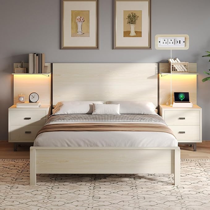 Queen Bed Frame with 2 Nightstands & LED Lights Headboard,104" Extended Wood Panel Platform Bed/w Charging Station & 2 Storage Racks, Bedroom Set 3 Piece, No Box Spring Needed, White