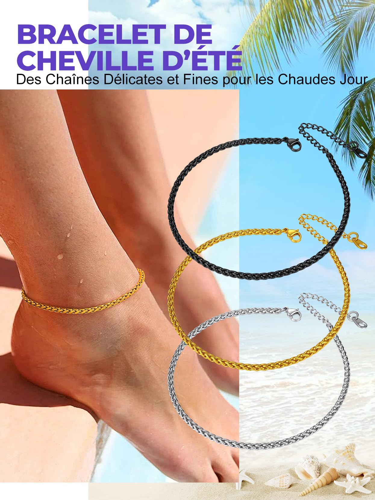 Richsteel Chaîne de Cheville Femme Fille,Bracelet Cheville Chaine de Pied en Or/Acier Inoxydable Maille 3mm/6mm Figaro/Corde/Cubaine Réglable 25+5 cm,Bijoux de Cheville pour Femmes et Filles