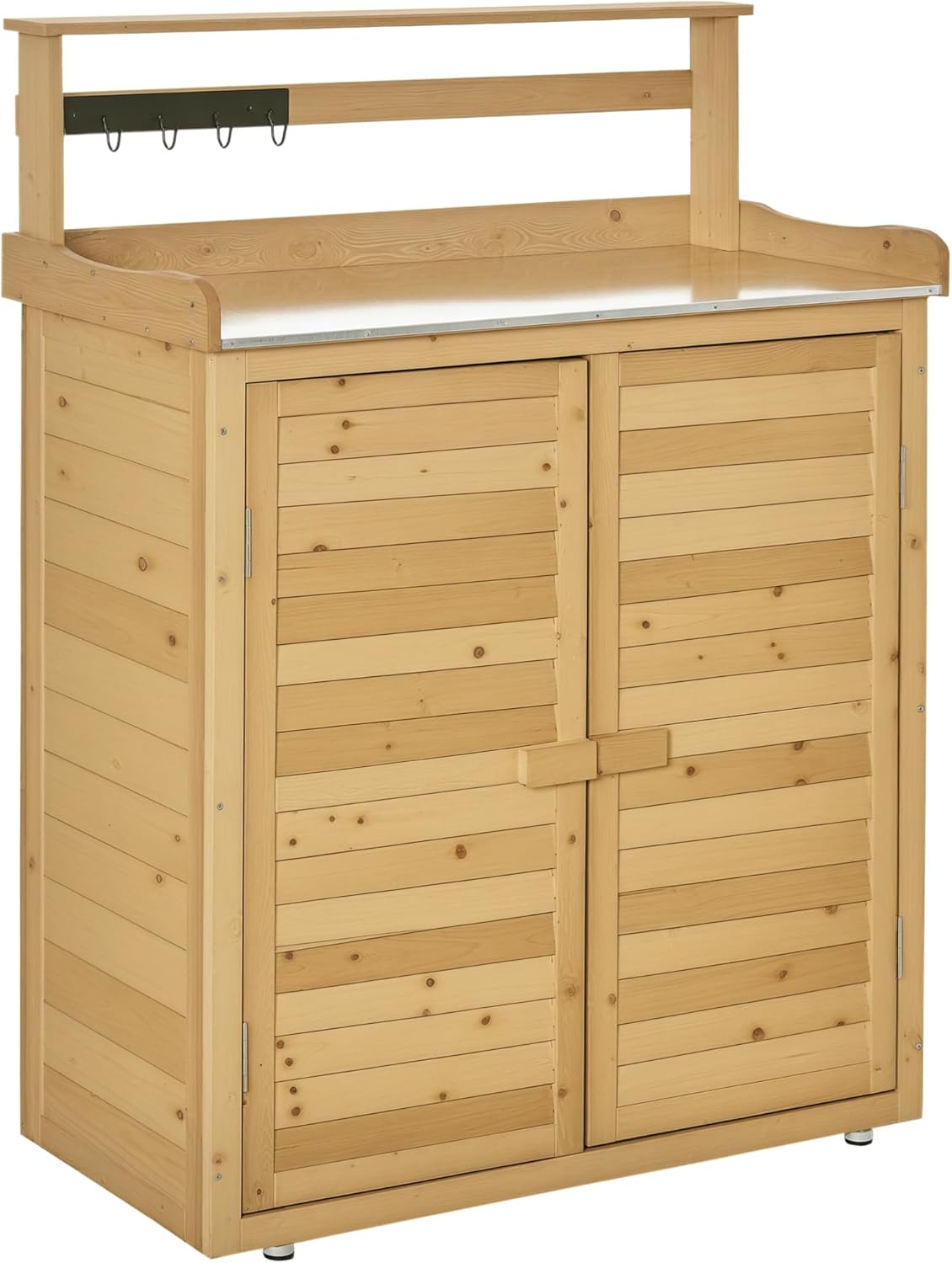 Outsunny Garden Potting Bench Table Wooden Workstation Shed with Tabletop, Hooks, 3-Tier Shelves Cabinet and 2 Magnetic Close Doors