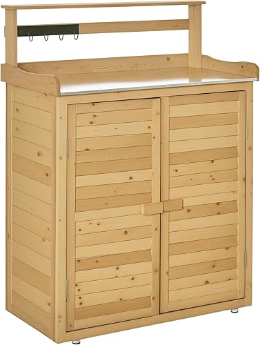 Outsunny Mesa de banco para macetas de jardín, estación de trabajo de madera, cobertizo con mesa, ganchos, armario de 3 niveles y 2 puertas de