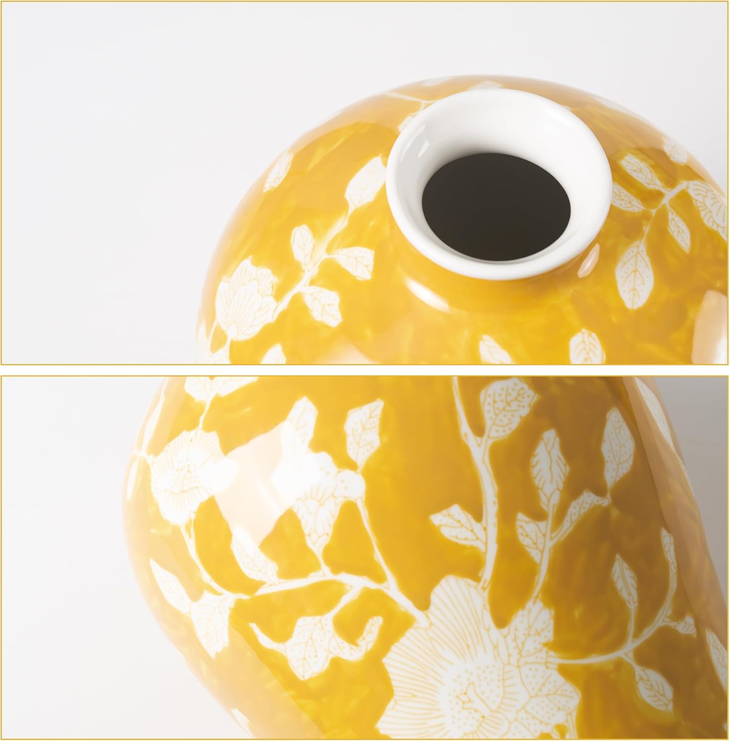 13" Large Ceramic Vase, Blue and White Vase for Home Decor, Chinoiserie Decor (Yellow and White)