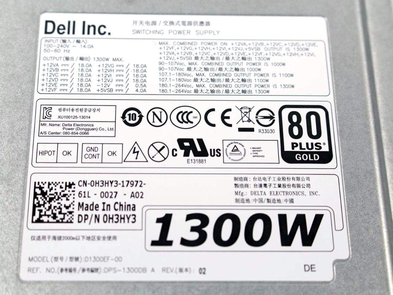 Dell Precision T7600 T7610 1300W 2 Fan 100-240V Power Supply Unit PSU D1300EF-00 0H3HY3 CN-0H3HY3 6MKJ9 MF4N5 (Renewed)