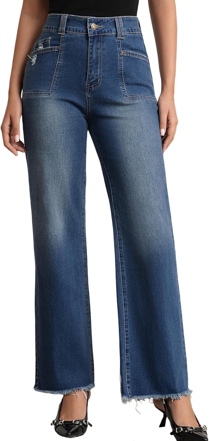 JK SUE JONES Wide Leg Jeans for Women Mid High Waist Straight Leg Boyfriend Mom Denim Pants Frayed Raw Hem