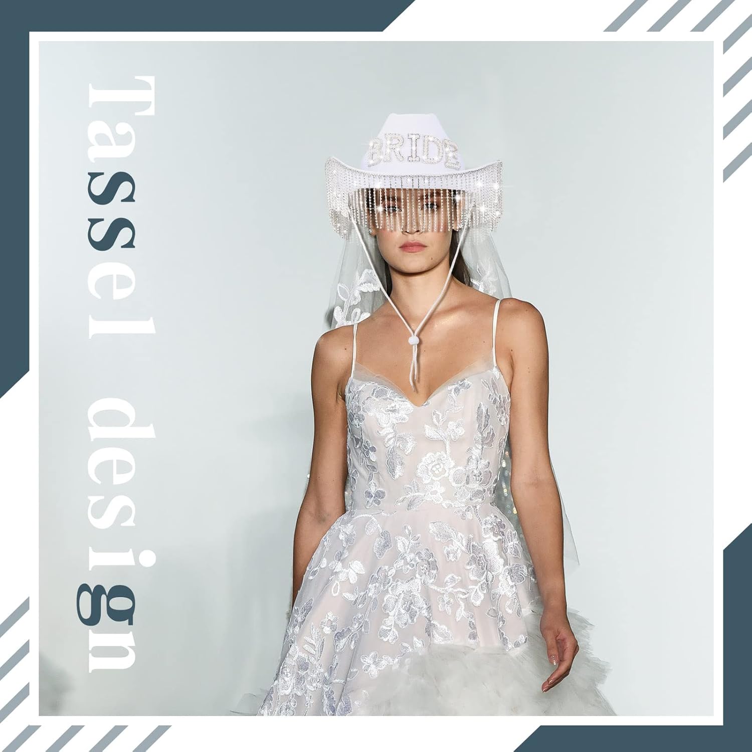 Patelai 2 Pcs Bride Hat Cowgirl Bachelorette Party Cowboy Hat with Rhinestone Tassels Sash Bride to Be Gift Bridal Wedding(Strip Rhinestone Fringe) - Image 3