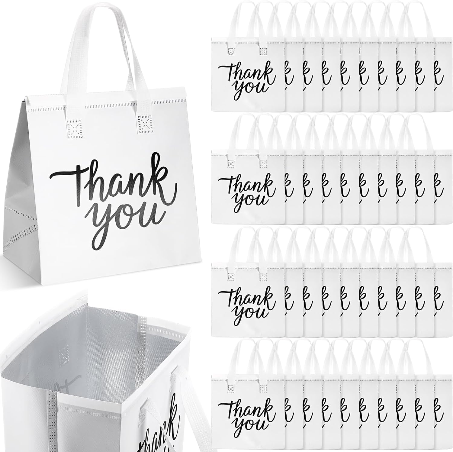 Aliceset 80 Pcs Thank You Insulated Bags for Food Delivery Bulk 9. 5 x 9. 5 x 6 Inch Take Away Bags Thermal Insulation Bag for Hot Cold Food Coffee Milk Seafood Pizza Catering Restaurant (White)