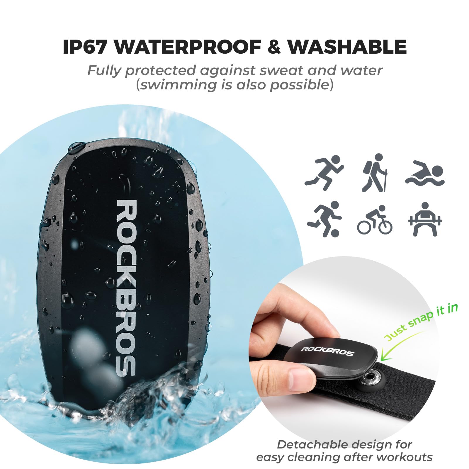 ROCKBROS Herzfrequenzmesser Brustgurt Bluetooth & ANT+, Präzise Echtzeit Herzfrequenz, 800 Std Laufzeit, IP67 Wasserdicht, nur 13g, Kompatibel mit Garmin, Wahoo, Polar, Strava, Sports Tracker