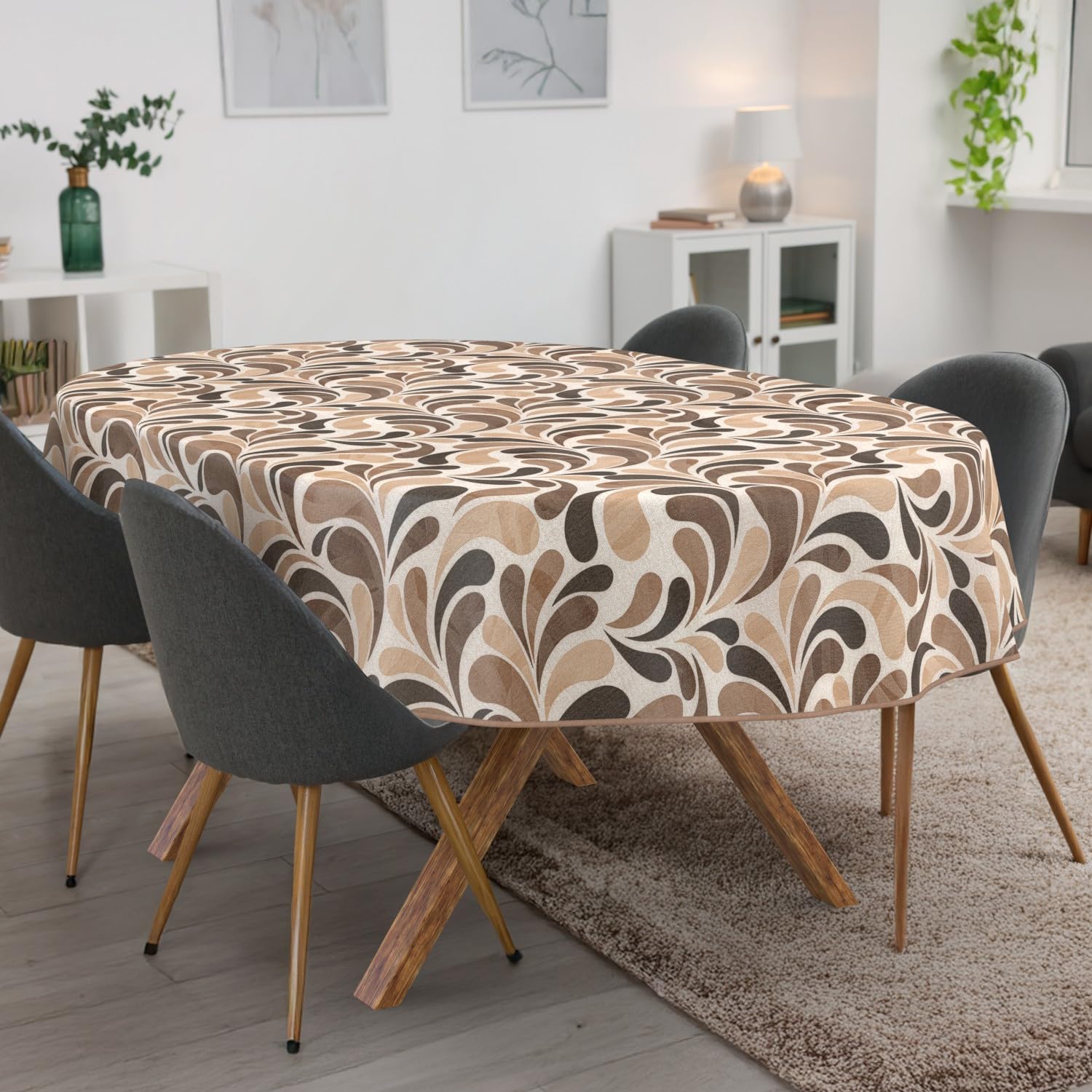 ANRO Tischdecke abwaschbar Tropfen Beige mit Saum oval 220x140 cm
