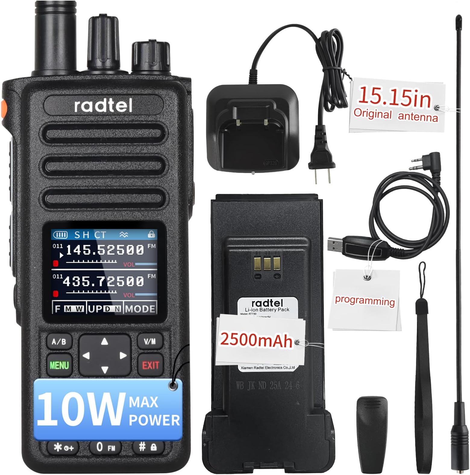 RT-730 10W Heavy Duty Walkie Talkie, Tri Band Ham Radios Long Range 199CH, Rechargeable Handheld Radio, NOAA, AM Aviation Band Dual PTT for Biking Camping Hiking (1 PCS + Prog Cable)