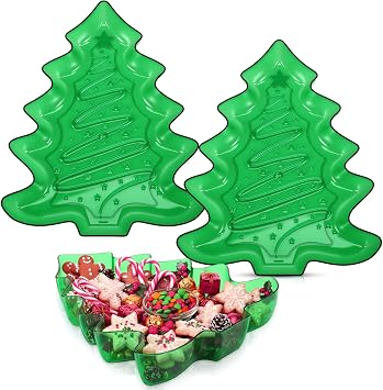 Wiwiqing 2 Pcs Christmas Tree Shaped Serving Tray Plastic Green Christmas Serving Platter Reusable Xmas Snack Tray Food Holder Appetizer Platter for Winter Xmas Themed Party Supplies Home Decoration