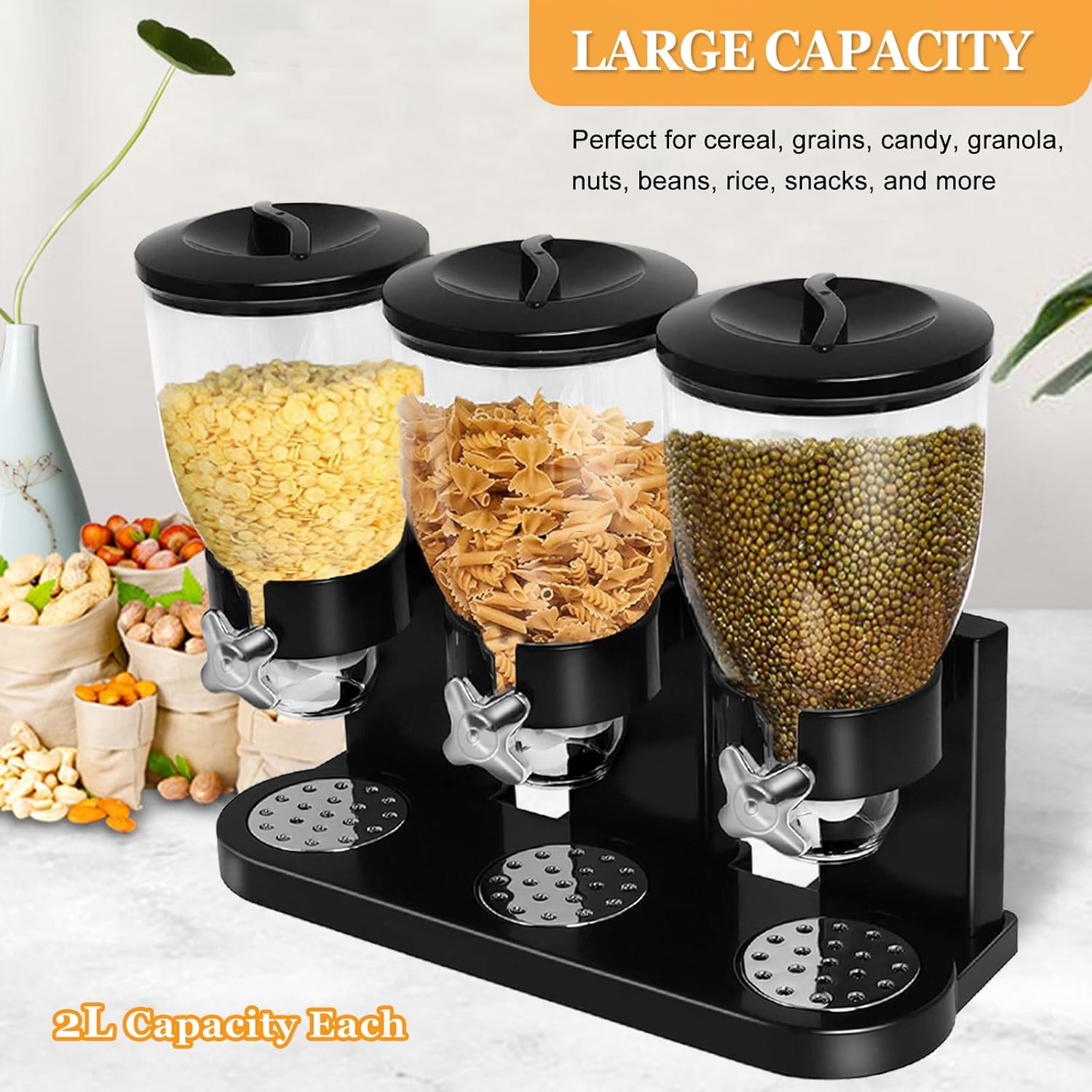 Cereal Dispenser Countertop, Large Capacity Cereal Dispenser for Pantry, Triple Dry Food Dispenser Cereal Containers Storage Dispenser for Candy Nuts Grain Rice Snack Granola(Black)