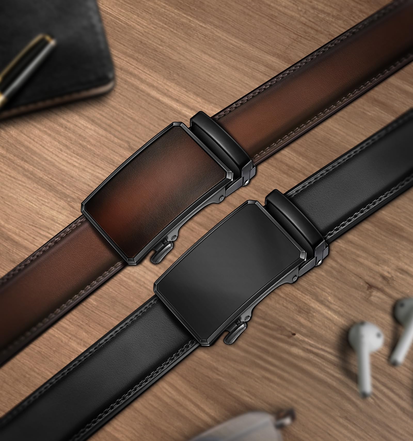 KEMISANT Men Belt 2 Pack, Leather Ratchet Belt Easy Click Slide For Men 1 3/8