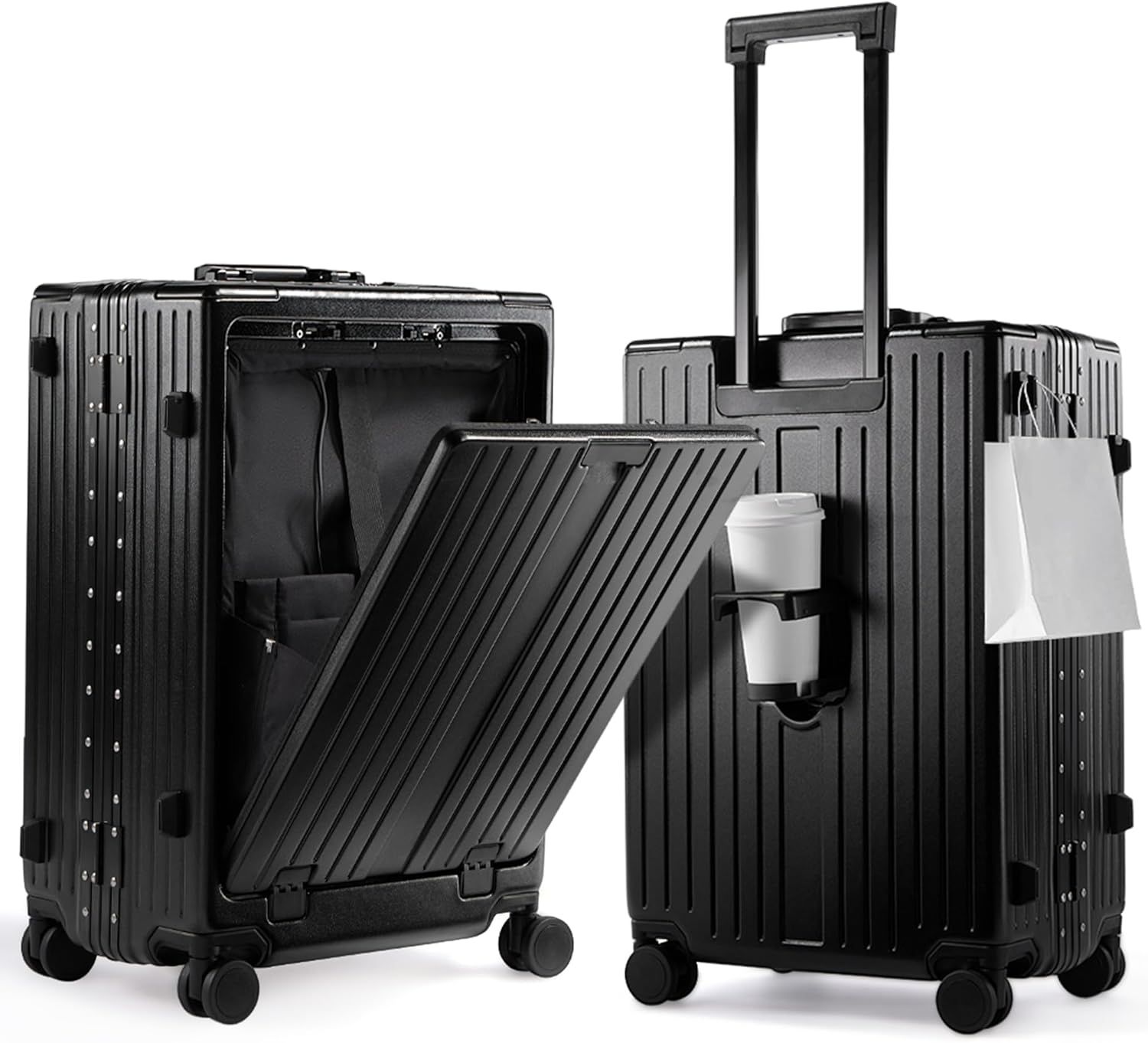 UrbanExplorer 20 Inch Carry On Luggage TSA Approved, Aluminum Frame Zipperless Luggage Carry On with Compartment for Short Trips, ABS+PC Hard Shell Suitcases with Spinner Wheels, Black Black 20-Inch