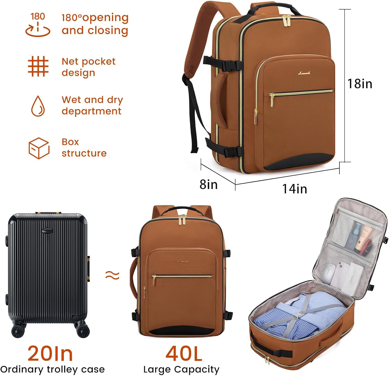 LOVEVOOK 40L Large Travel Backpack for Women Men, 17 Inch Carry on Backpack for Traveling on Airplane, Personal Item Travel Bag Airline Approved, Business Causal Weekender Backpack, Brown Yellow-Black - Image 2