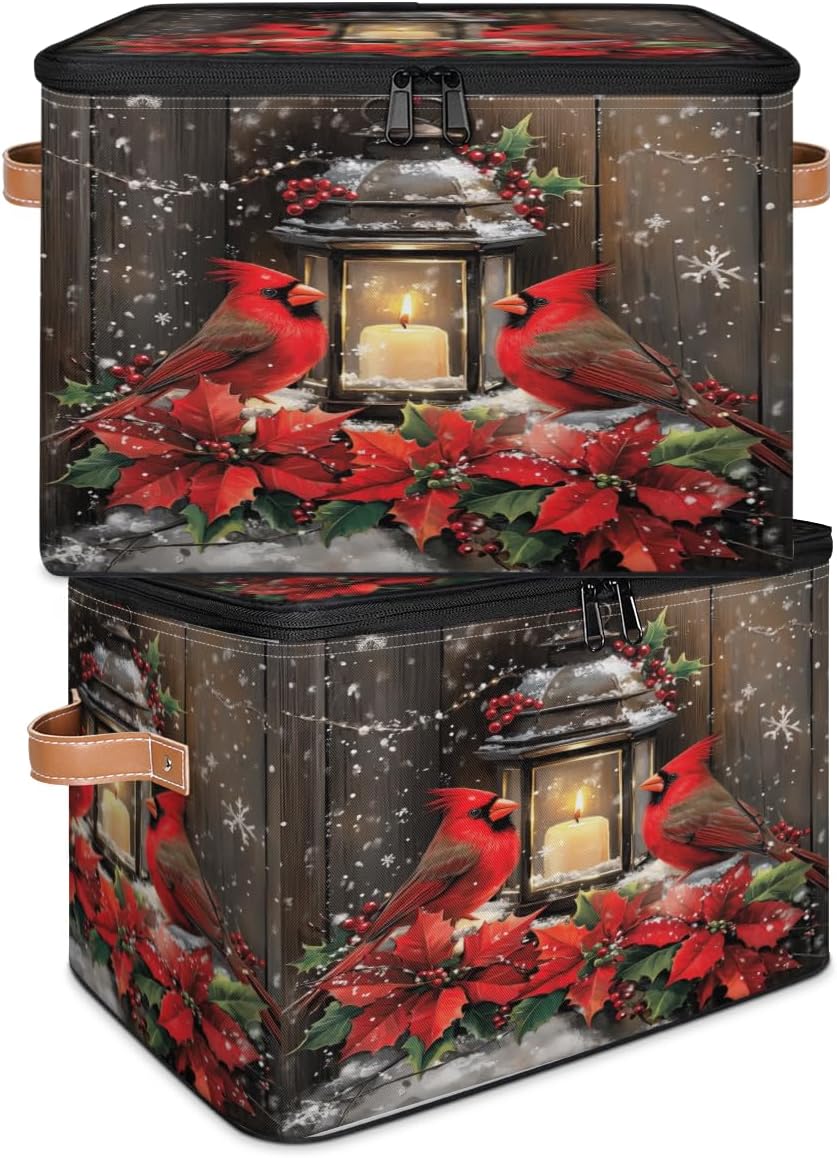Storage Bin Set of 2 Christmas Birds Storage Basket with Zipper Lid & Handle Foldable Closet Shelf 2 Pack Cloth Organizer Basket Cube Bins for Bedroom, Nursery