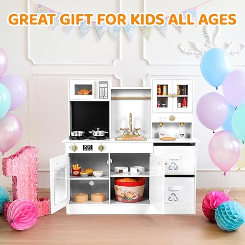 Miniatura 7 de Arlopu Cocina de juego para niños, cocina de juguete de simulación de madera, juego grande de cocina con utensilios de cocina, estufa con luz y