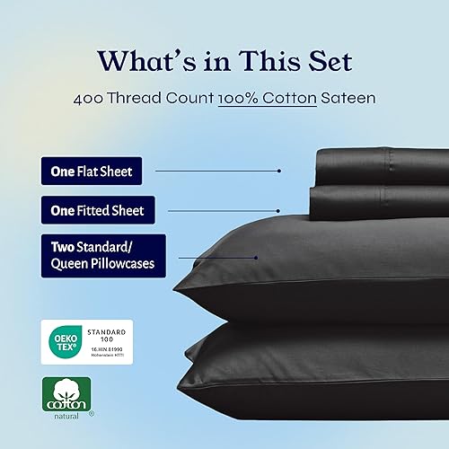 Vista 326 de Juego de sábanas de 400 hilos y 6 piezas, tamaño King, con 4 fundas de almohada, ropa de cama de 100 % algodón con tejido satinado, color azul 12