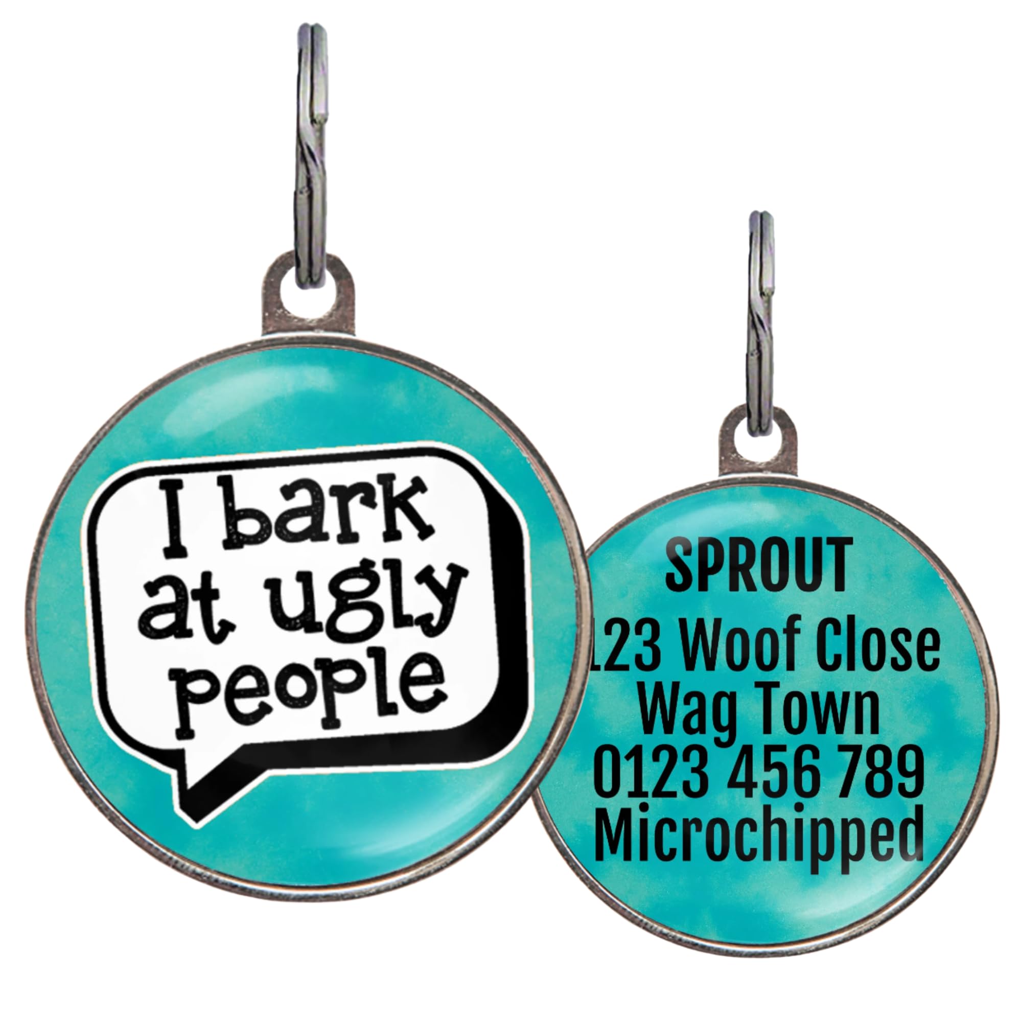 Funny Dog Tag – UK Made - Customised, 36 Colour Options, 2 Sizes for Dogs & Cats – I Bark at Ugly People – Waterproof, Double-Sided Pet ID – Cheeky Dog Name Tag