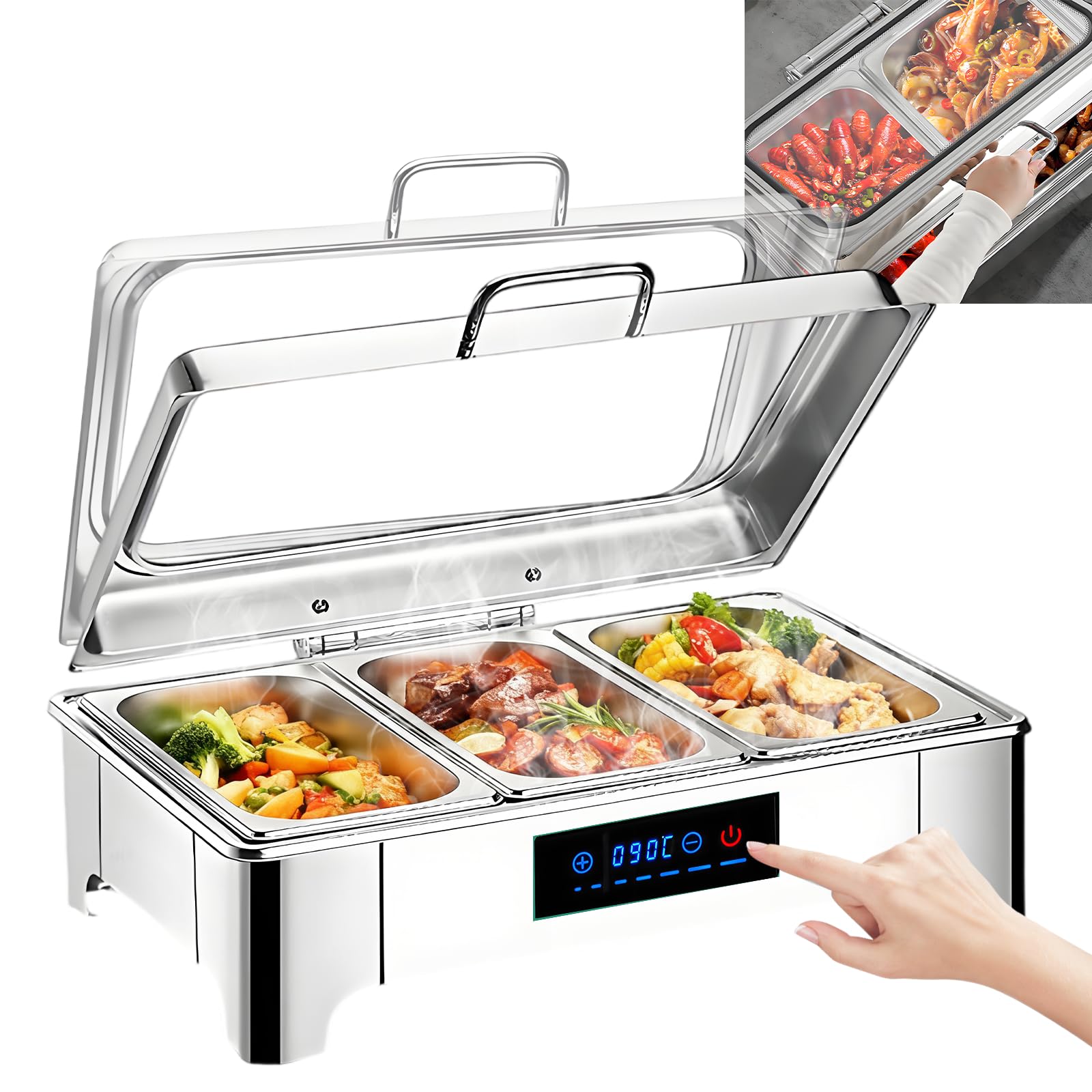Elektrischer Chafing Dish Glasdeckel, 9L Edelstahl(1/3 Pan) | Speisewärmer Buffetwärmer Elektrisch Einstellbarer Temperatur, Warmhaltebehälter Essen Elektrisch mit Abnehmbarer Heizplatte