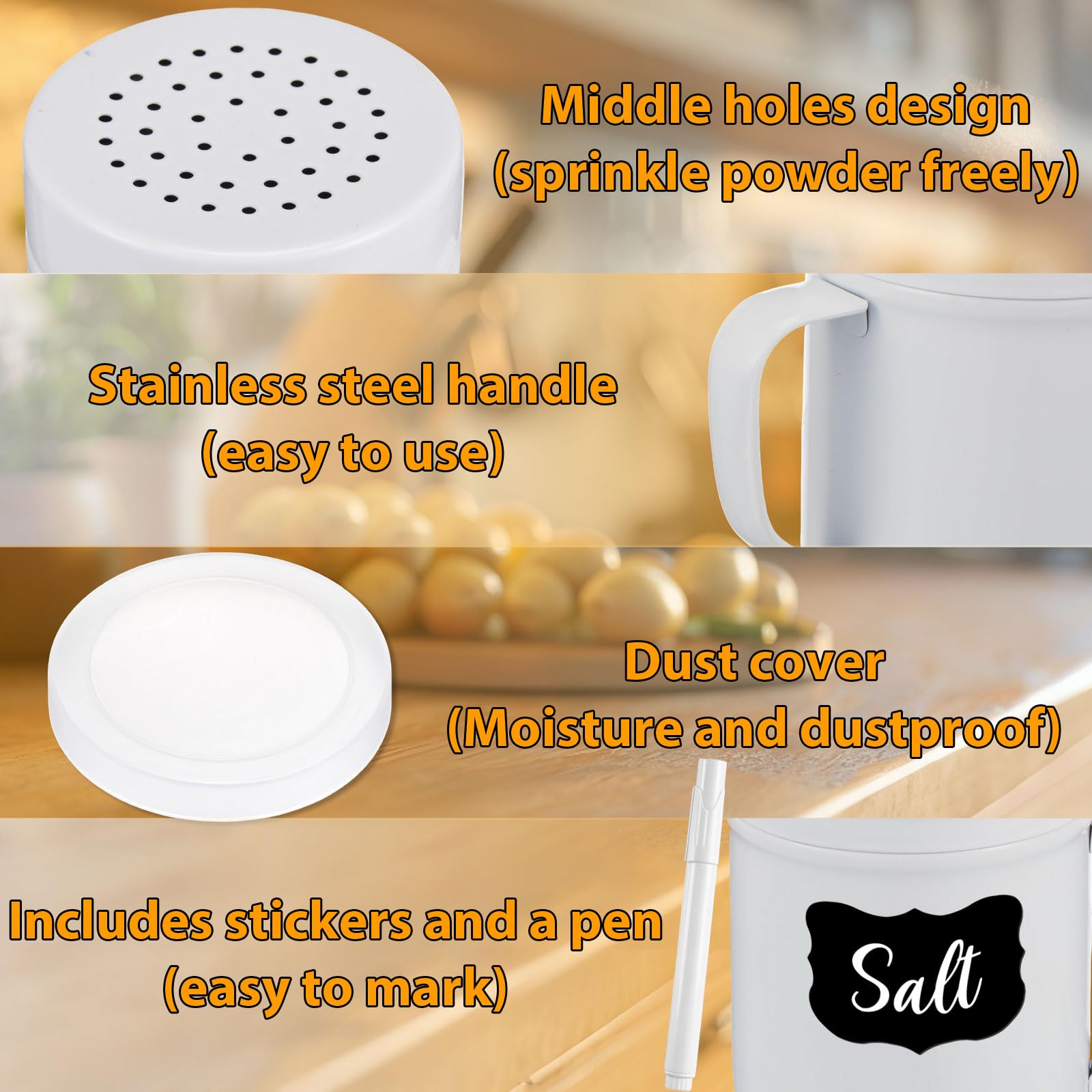 2 saleros y pimenteros de acero inoxidable de 10 onzas con asa y tapa de plástico, botellas de especias de cocina, frasco de condimentos para el hogar, para sal, especias, harina de azúcar