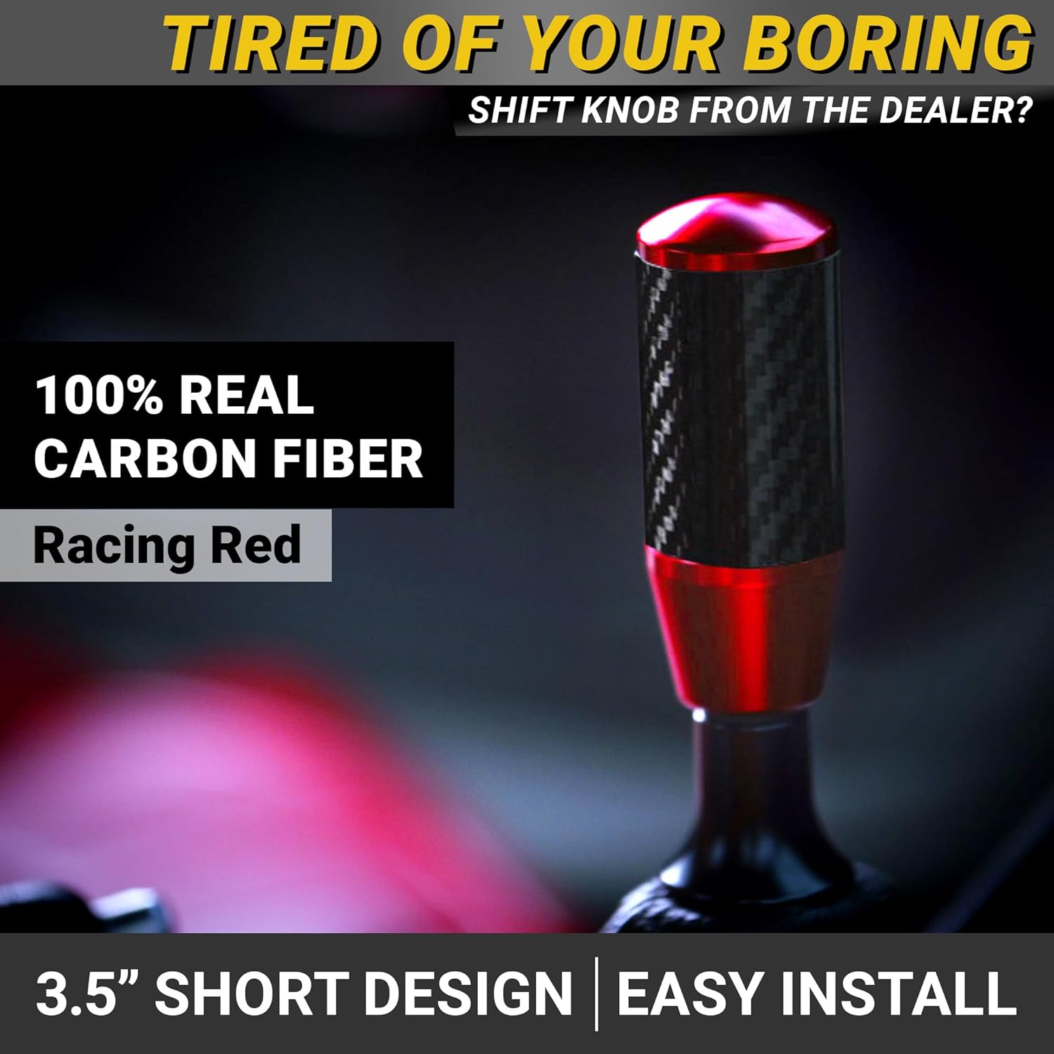 Premium Red Carbon Fiber Shift Knob - 4 Metal Threaded Adapters, 4 5 6 Speed Manual & Buttonless Automatic Transmission Cars, Weighted Gear Stick Shifter Knobs, (M8, M10x1.25/1.5, M12x1.25), JDM Style