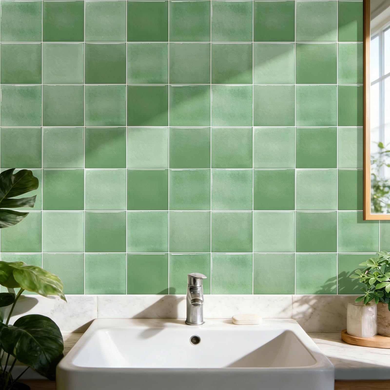 Stick on Tiles Green Shiny Brick Tile Stickers for Bathroom Kitchen Backsplash Waterproof Tile Covers for Fireplace Surround Cabinet Furniture Stick on Kitchen Tiles 20x20 cm/10 pcs