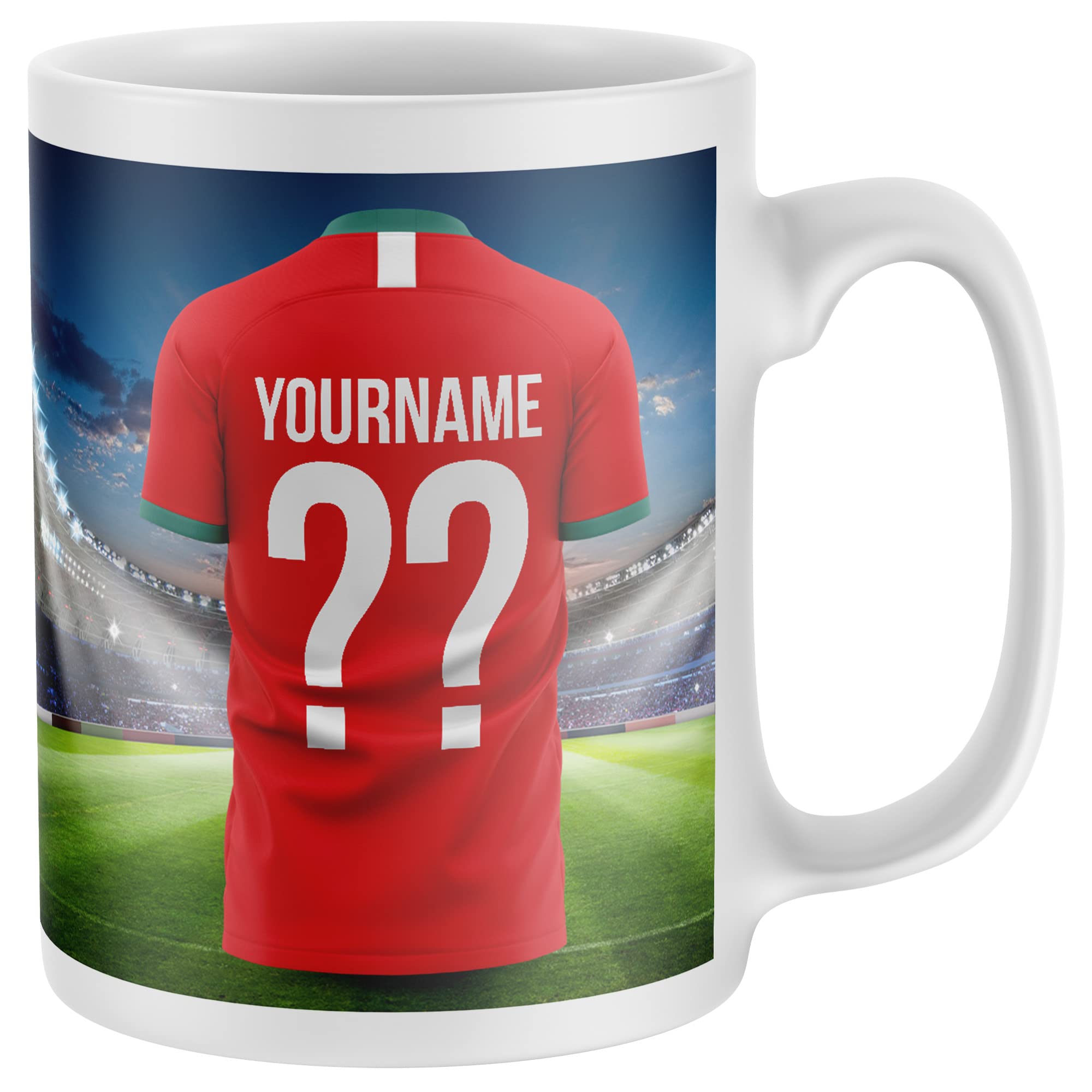 Personalised Football Supporters Mug - Kit Shirt Name and Number Coffee Cup, All Teams and Colours. Fan Gift Idea for Mum, Dad, Son, Daughter - One Size, Red or Green