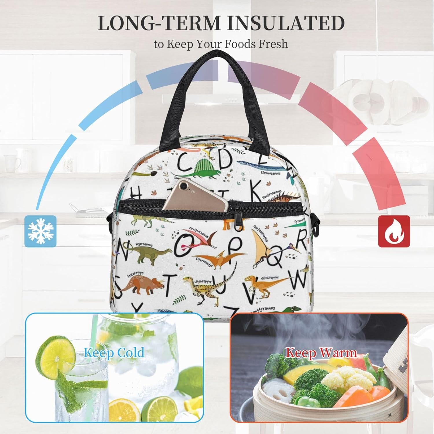 Stylish Learning Alphabets with Dinosaurs Print Reusable Lunch Bag Insulated Lunch Boxes for Office Work Picnic Tote Bag Adjustable