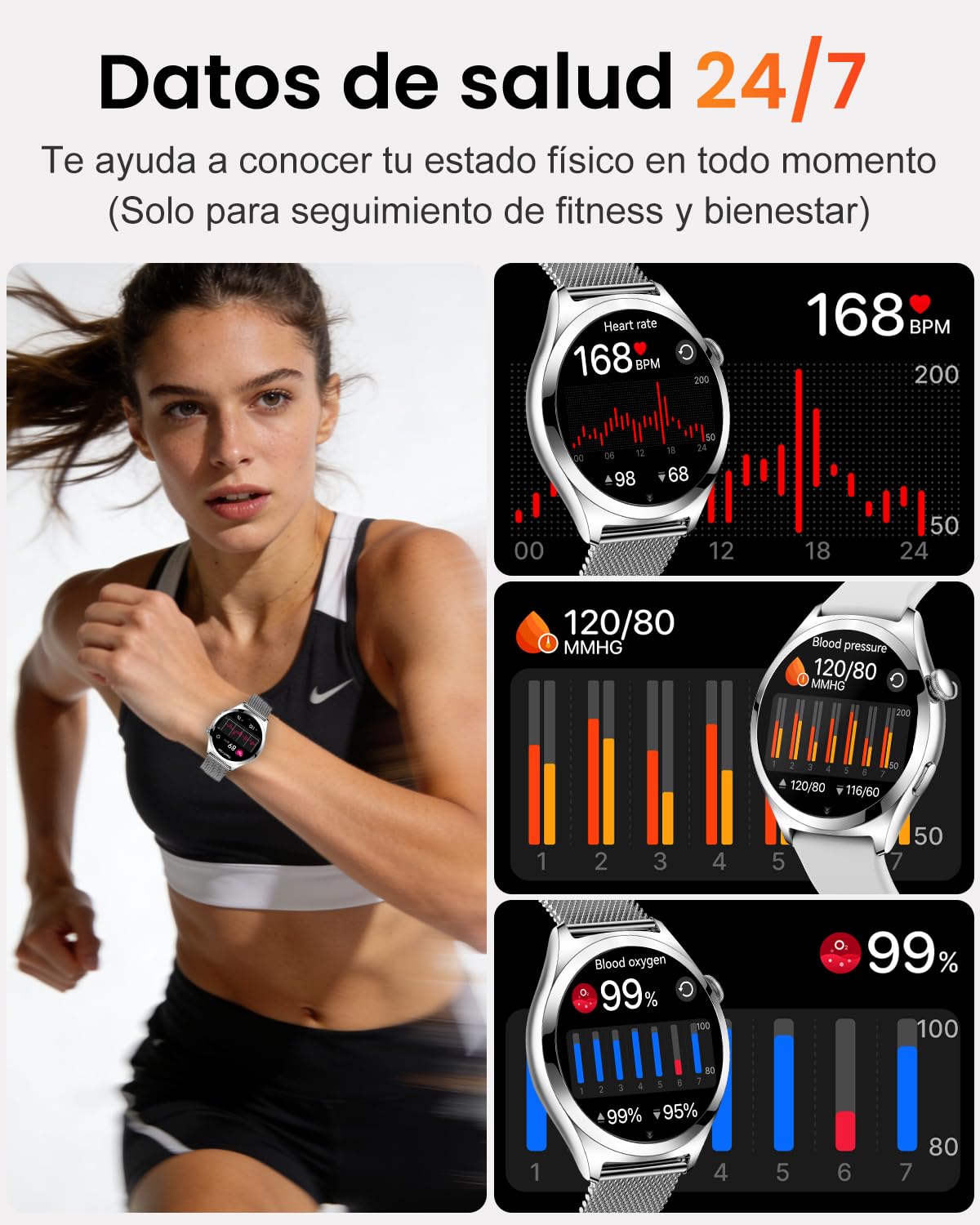 Reloj Inteligente Mujer Llamadas, Pantalla Curva HD de 1,27", Plata | Monitor de Frecuencia Cardíaca SpO2 Sueño, 120+ Modos Deportivos, Podómetro, IP68 Smartwatch Mujer, Android iOS, 2 Correas