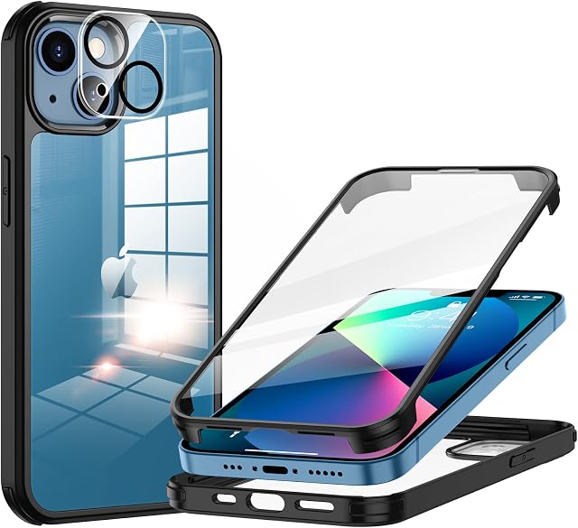 seacosmo iPhone 13 Case 6.1 Inch, Full-Body Shockproof Case with Built-in Glass Screen Protector and Camera Lens Protector Rubber Bumper Case Cover for iPhone 13 2021- Black/Clear