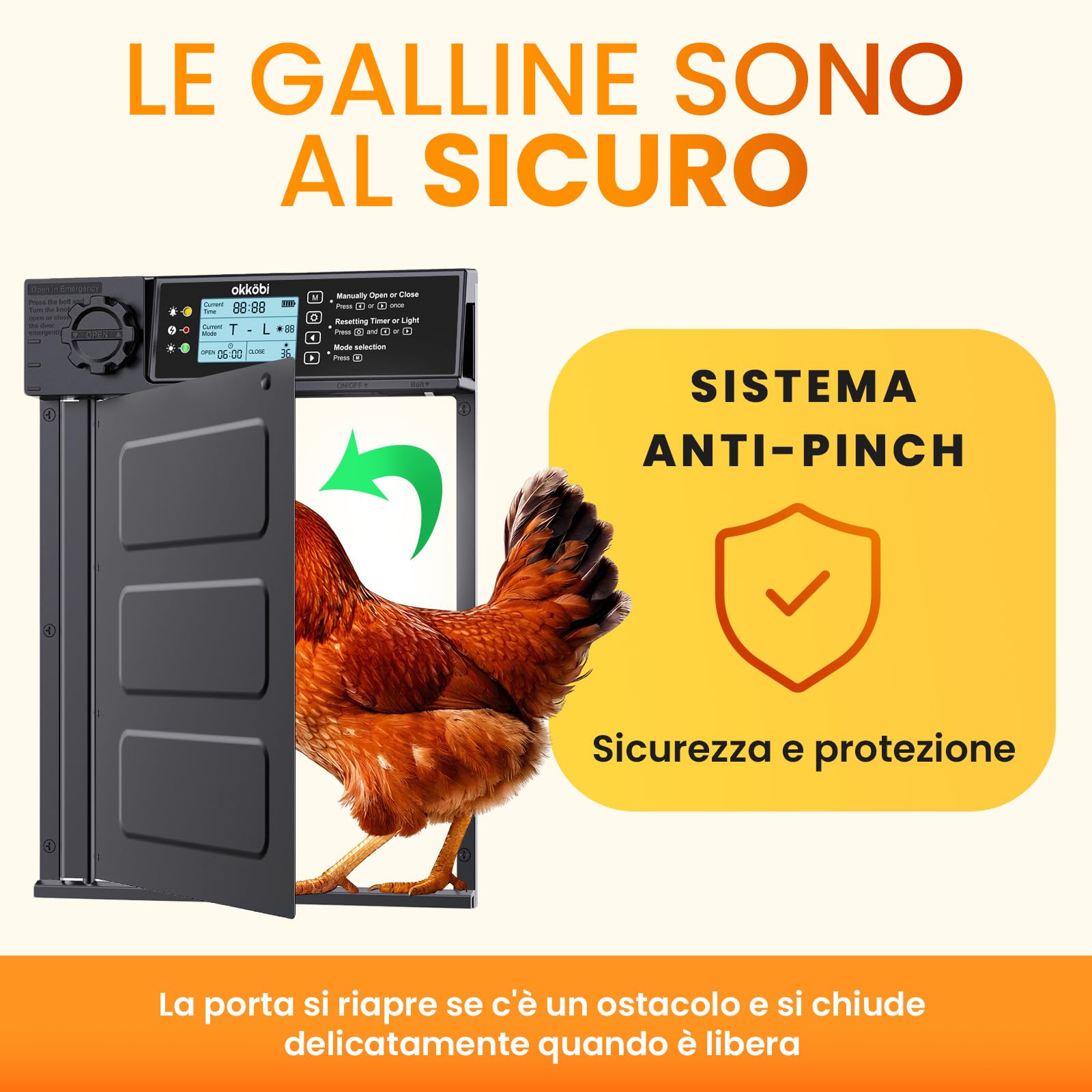 Okkobi Porta Automatica Pollaio Solare - Porta Pollaio con telecomando, Sensore di luce e Timer - Sicurezza e tranquillità: Funzione Antipizzicamento - PRO Version - Display LCD - Protezione di 5 anni