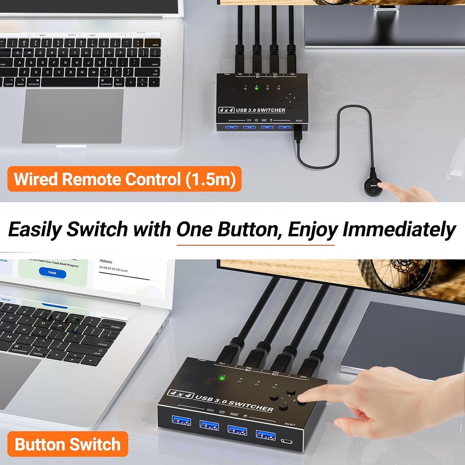 Asixxsix Przełącznik USB 3.0, 4-portowy Selektor Przełącznika USB dla 2 Komputerów, Współdzielona Klawiatura, Mysz, Drukarka, Skaner, z Kontrolerem Stacjonarnym i Sterowaniem Klawiszami,