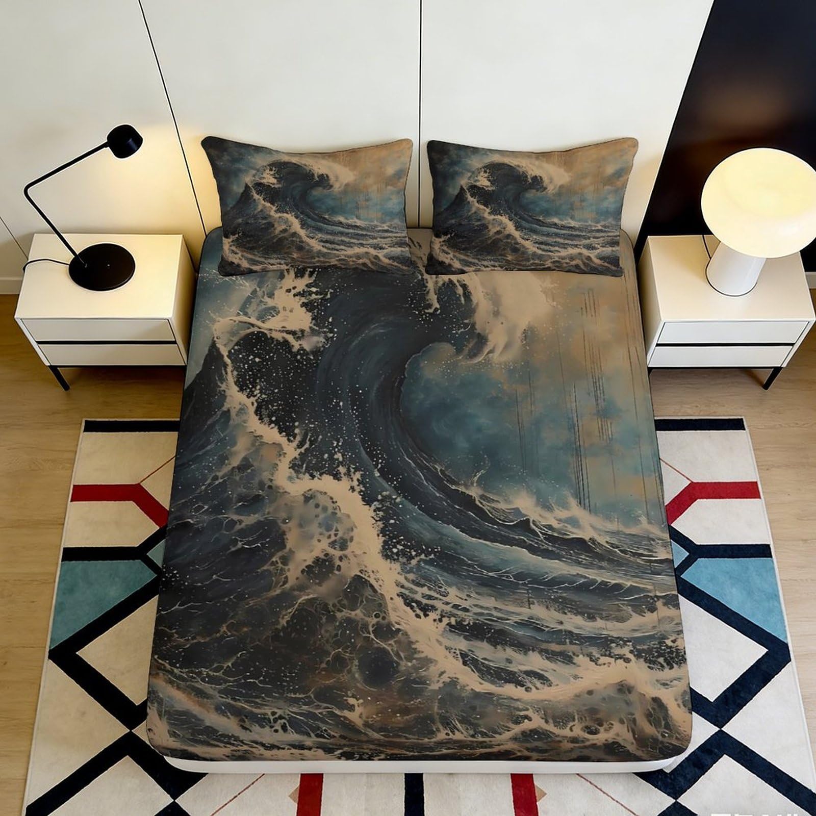 3D Printed Ocean Waves Deep Pocket Fitted Sheet Microfiber Non-Slip All Wrap Bedroom Bedding Sea Mattress Fitted Cover for Adults 200x200x25cm 90x200x25cm