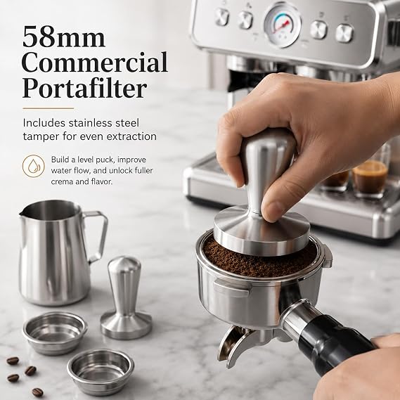 Espresso Coffee Machine with Grinder, 20 Bar Professional Espresso Maker with Milk Frother Steam Wand, 58mm Portafilter Coffee Machine for Home Barista, Perfect for Latte & Cappuccino