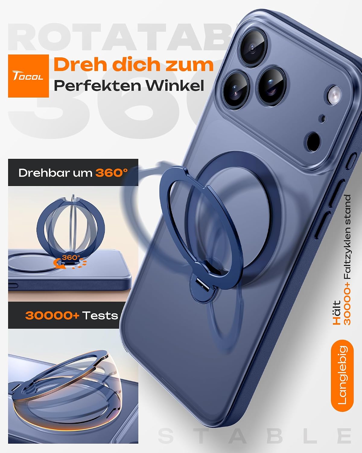 TOCOL für iPhone 17 Pro Max Hülle mit Ständer, 360° Drehbarem, Tiefblau - Mise en situation et utilisation