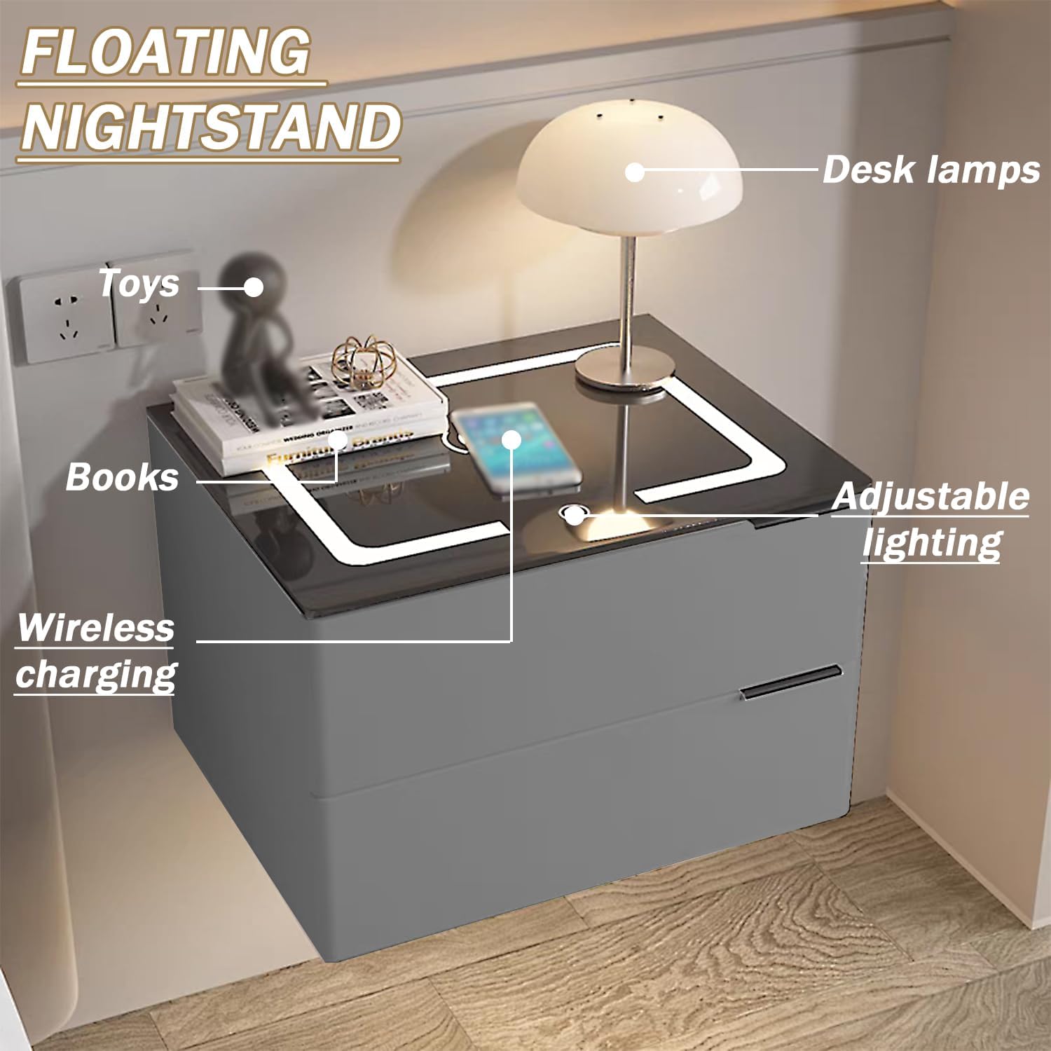 Floating Nightstand with Charging Station, Modern Night Stand with 2 Drawer, Floating Vanity Table with Adjustable LED Light, Wall Mounted Bedside Table, for Bedroom,Black,50cm/20in