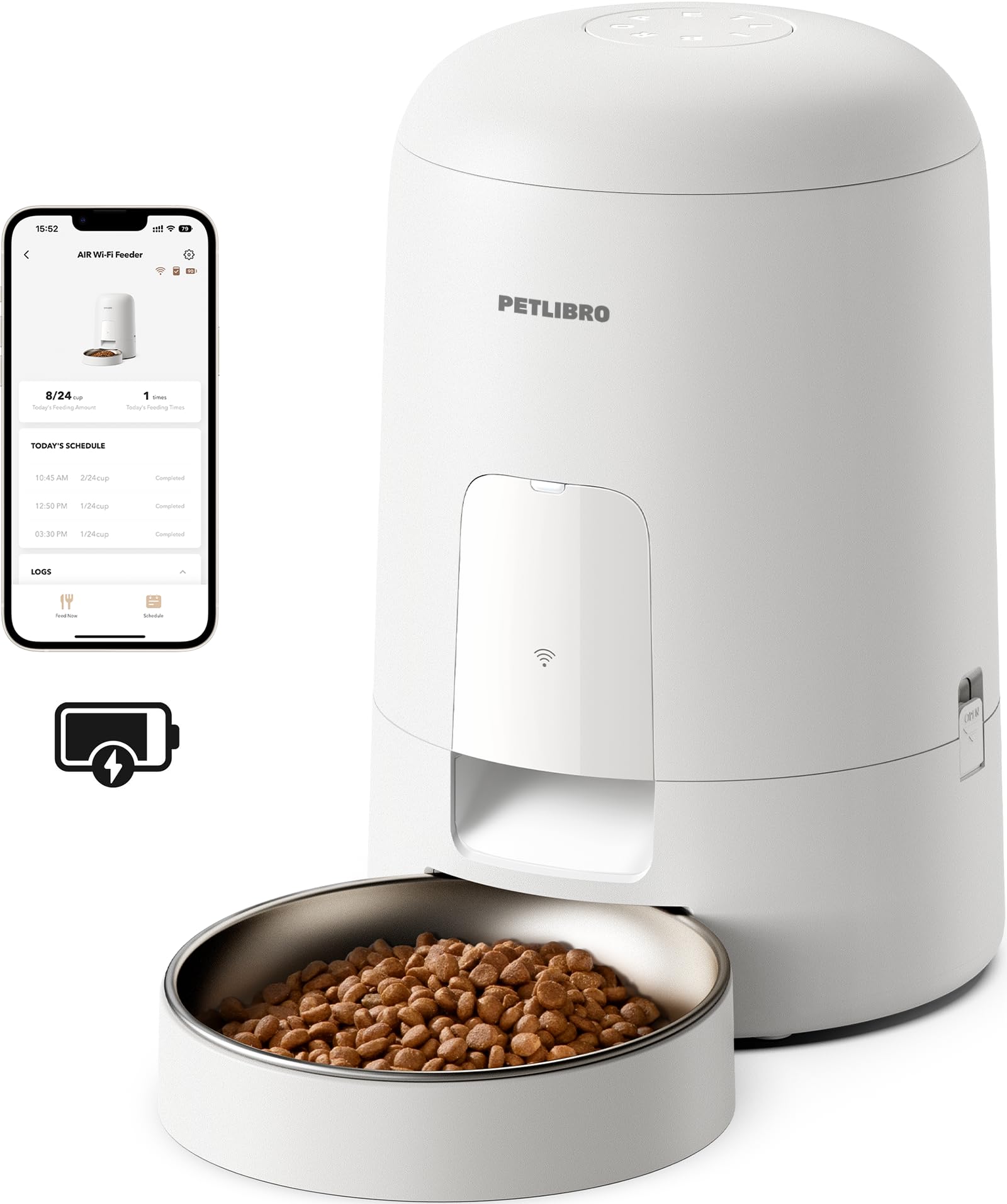 PETLIBRO Automatic Cat Feeder, Battery Operated, Smart WiFi App Control, Wireless Dry Food Auto Dispenser, Compact Design, Timed Biscuit Feeding, Easy to Use, Portion Adjustable (White, 2L)