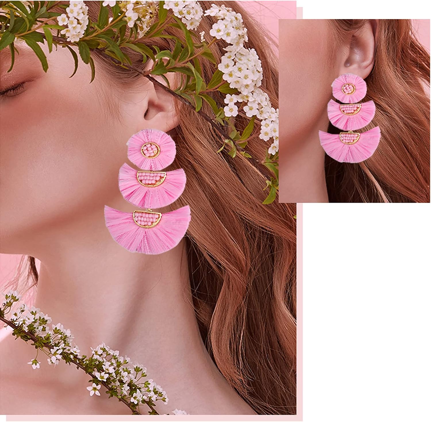 Statement Earrings Beaded Raffia Palm Bohemian Drop Dangle Earrings for women - Image 5