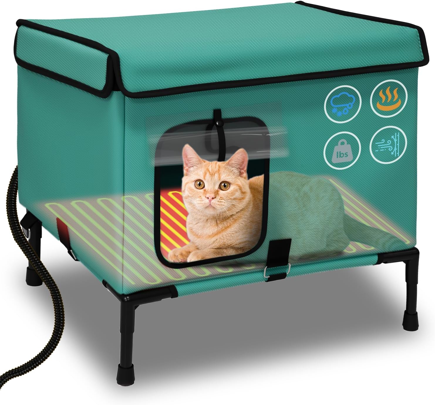 21" Large Size Heated Cat House for Outside, Weatherproof Heated Cat Shelter with Heating Pet Pad Included，Pet Houses for Outdoor Cat （16" D x 21" W x 17" H Grass Green