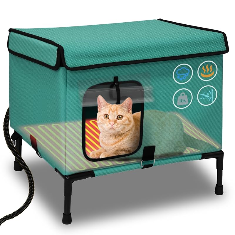 Casa Aquecida para Gatos caleforra com Isolamento de Alumínio e Almofada Térmica, Nylon, 40,64 x 45,69 x 43,18 cm, Verde-vidro