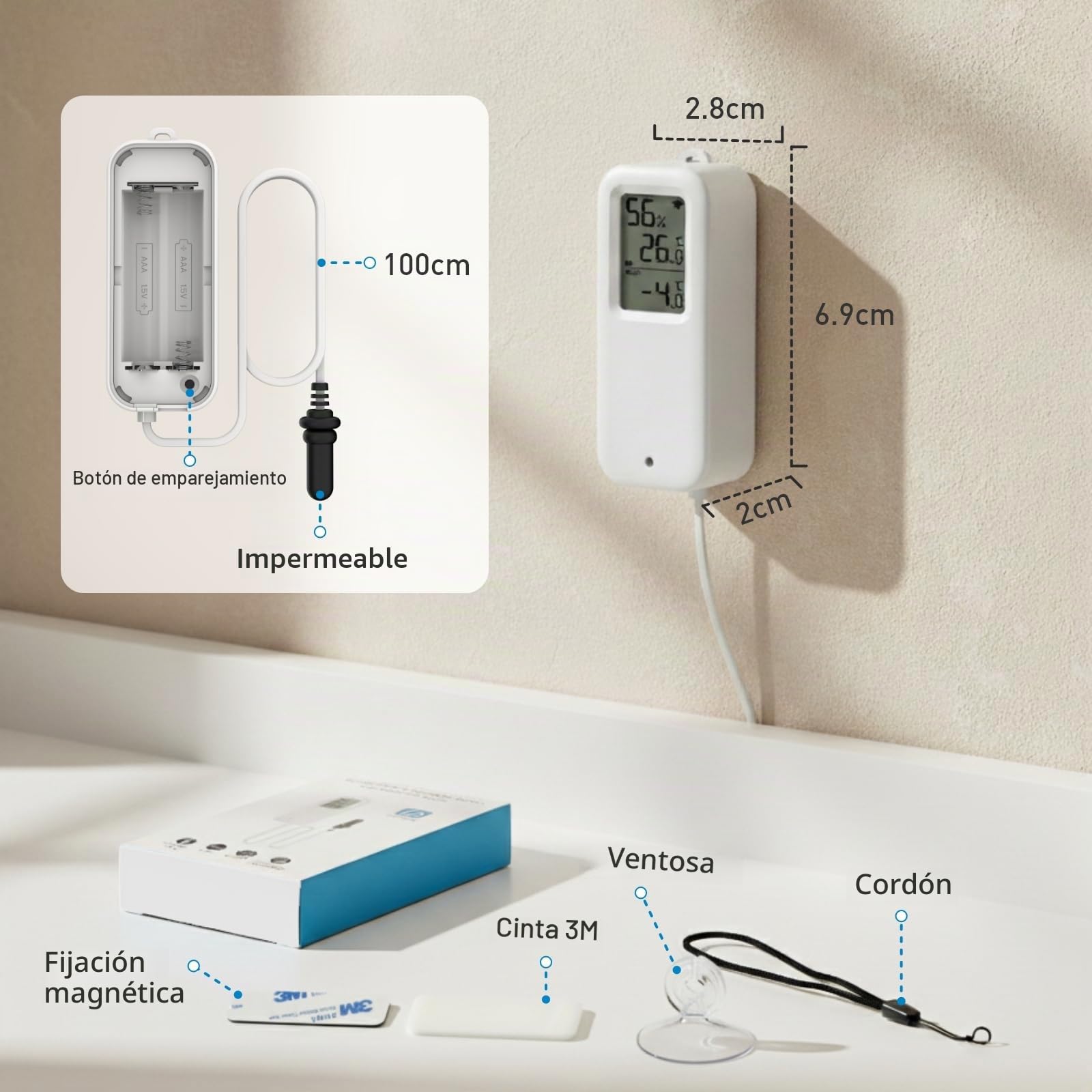 Daytech Tuya - Termómetro digital para frigorífico WiFi, temperatura digital con alerta de aplicación, registros de temperatura y humedad y exportación de datos gratis con sonda de 1 m de longitud