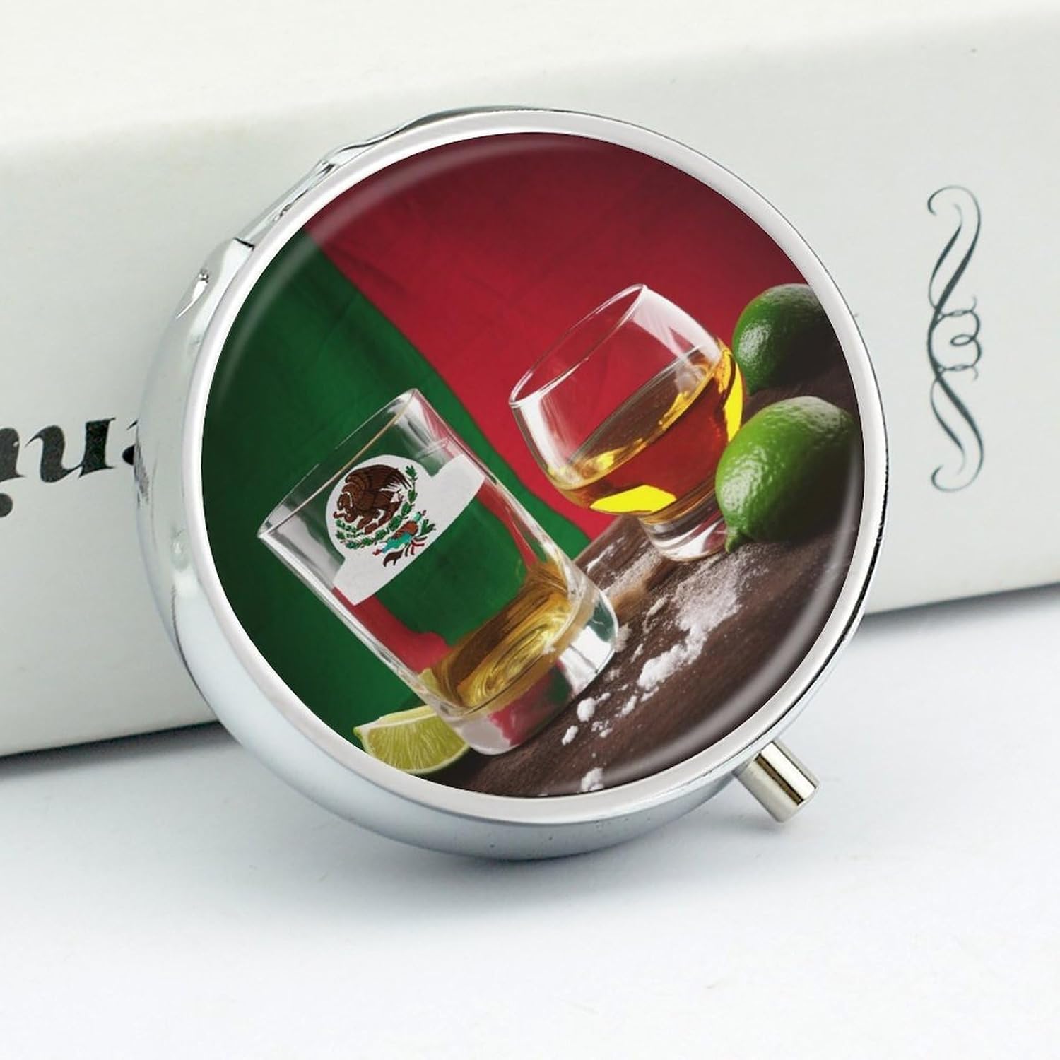 Mexico Flag and Tequila Round Pill Box, Waterproof Medicine Organizer Box image 4