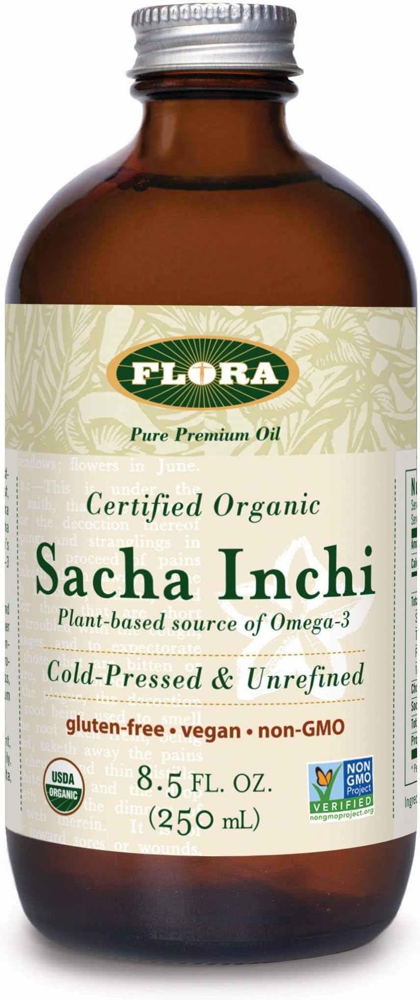 FloraSacha Inchi Certified Organic Oil - Cold-Pressed & Sustainably Sourced - Contains Omega-3, Omega-6 & Omega-9 - Non-GMO, Gluten-Free, Vegan & Kosher - 8.5 fl. oz.USDA Organic
