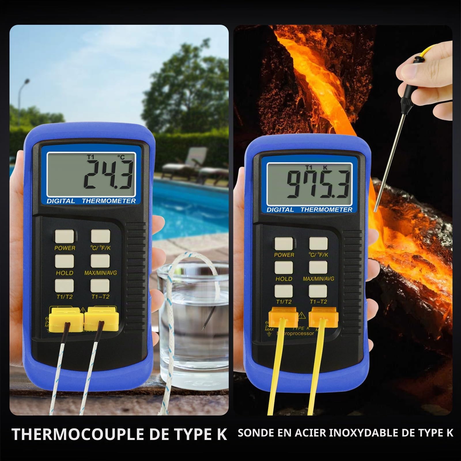 Thermomètre thermocouple numérique K de haute précision (-50 ~ 1300 °C) 2 canaux 4 sondes fil/acier inoxydable Testeur de température Kelvin portable