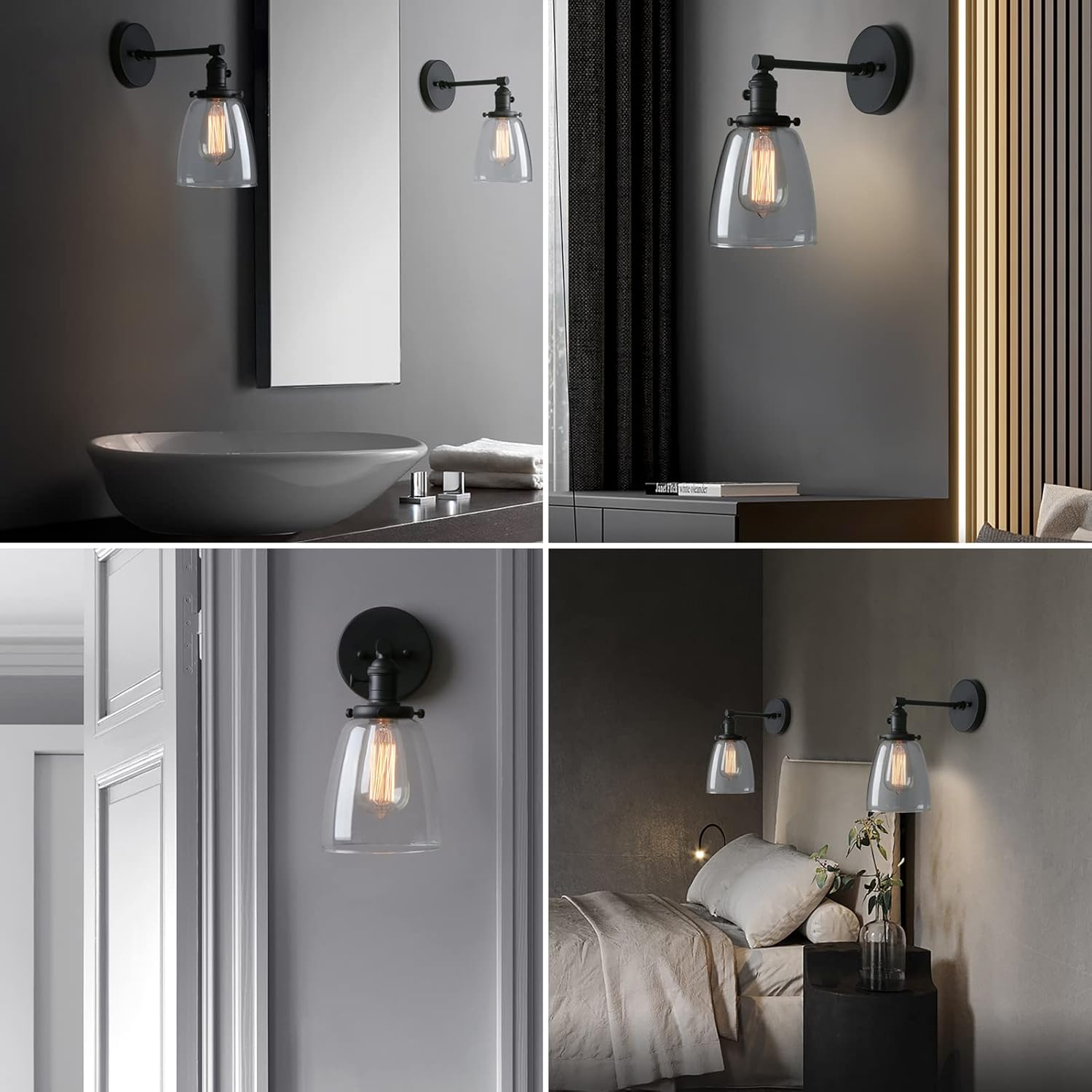 Phansthy Industrial Wall Sconce Light 1-Light Black Sconce with 5.5 Inches Dome Clear Glass Shade